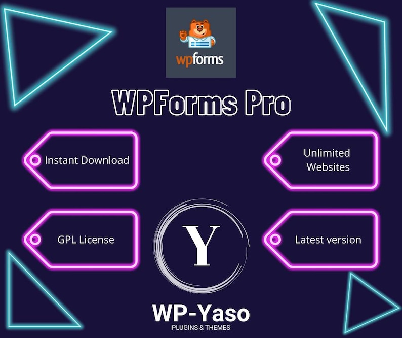 Peut inclure: Publicit&eacute; num&eacute;rique pour WPForms Pro, avec une mascotte d'ours et des accents n&eacute;on. Le texte comprend "T&eacute;l&eacute;chargement instantan&eacute;", "Sites Web illimit&eacute;s", "Licence GPL" et "Derni&egrave;re version". Le logo WP-Yaso est &eacute;galement pr&eacute;sent.