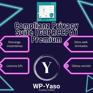 Może przedstawiać: Ciemnoniebieska grafika z neonowymi niebieskimi i różowymi akcentami promująca Complianz Privacy Suite. Obraz zawiera hiszpański tekst, taki jak "Descarga instantánea" i "Sitios web ilimitados", oraz logo WP-Yaso.