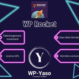 Pu&ograve; includere: Una grafica digitale con il testo "WP Rocket" e un'icona a forma di razzo. L'immagine include forme geometriche blu neon e rosa e caselle di testo con frasi come "Download istantaneo" e "Siti Web illimitati."