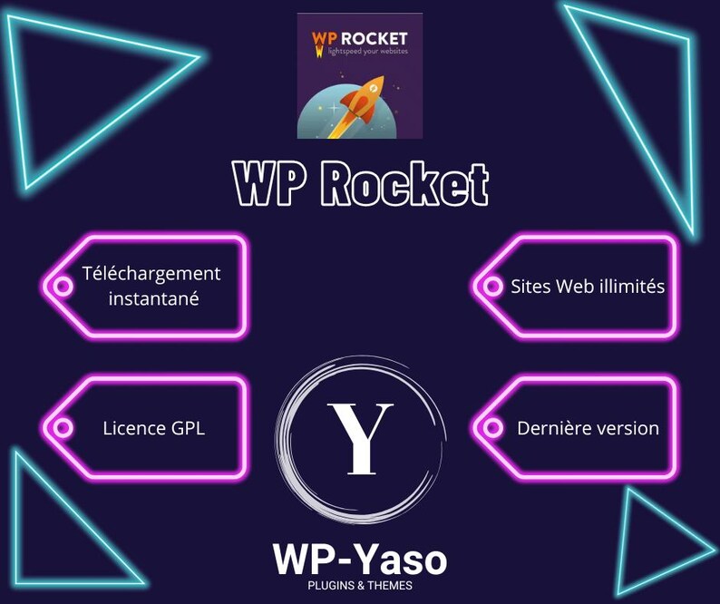 Pu&ograve; includere: Una grafica digitale con il testo "WP Rocket" e un'icona a forma di razzo. L'immagine include forme geometriche blu neon e rosa e caselle di testo con frasi come "Download istantaneo" e "Siti Web illimitati."