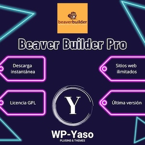 Puede incluir: Gráfico digital que promociona "Beaver Builder Pro" con un logotipo de castor. El diseño presenta formas geométricas de color azul neón y rosa, y texto que incluye "Descarga instantánea" y "Sitios web ilimitados."