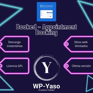 Könnte beinhalten: Eine Werbegrafik mit dunkelblauem Hintergrund zeigt den Text "Booked - Appointment Booking". Sie enthält neonrosa und blaue geometrische Formen und Textfelder mit Sätzen wie "Sofort-Download" und "Unbegrenzte Websites".