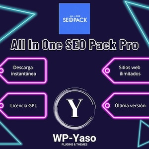 May include: A digital advertisement for "All In One SEO Pack Pro" on a dark blue background. The design features neon-style geometric shapes and text in white and pink, with the WP-Yaso logo at the bottom.