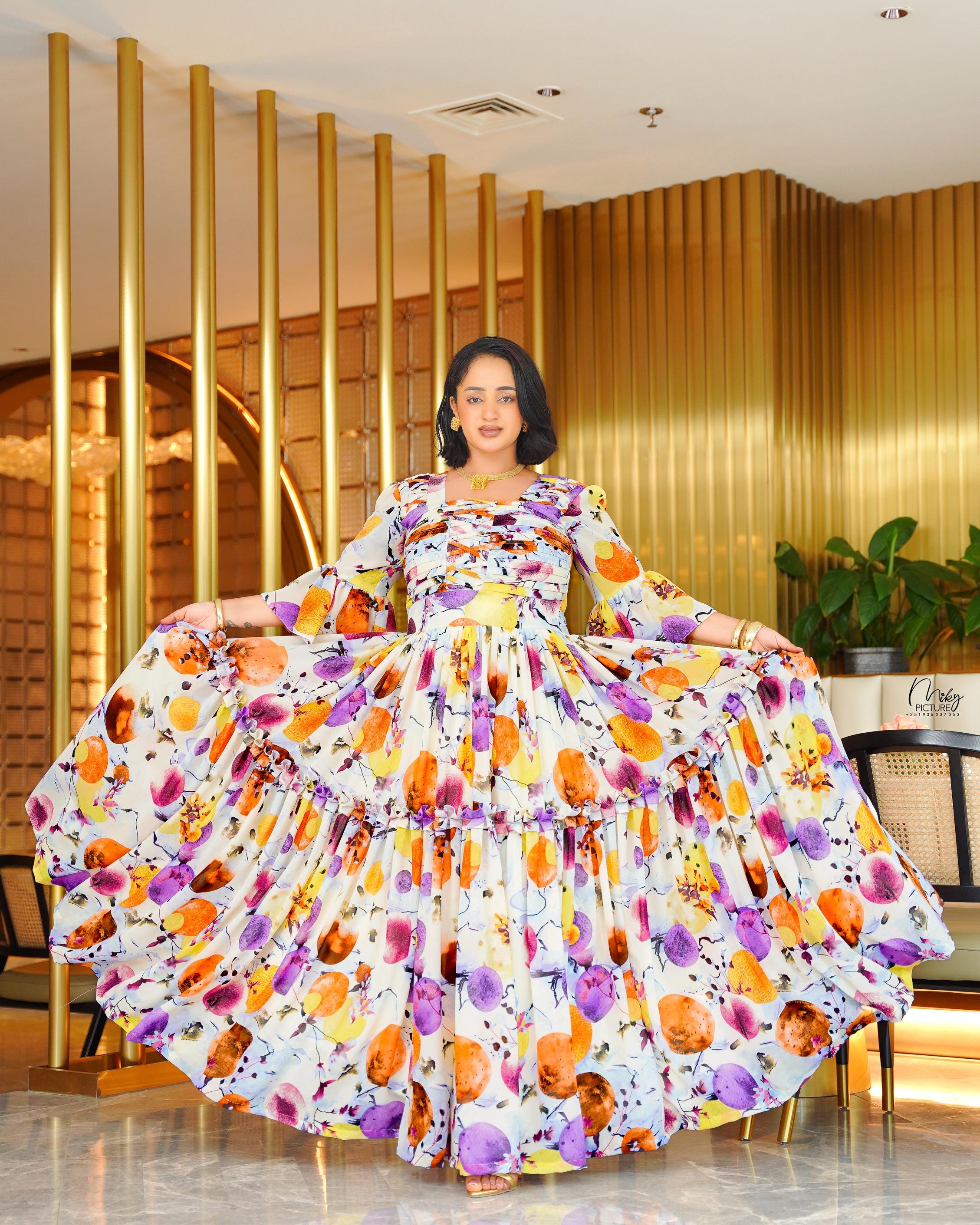 Chiffon Habesha Dress for Ethiopian & Eritrean Wedding - Women's Traditional Cultural Gown
