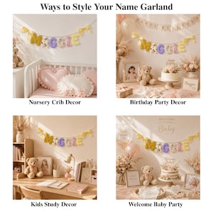 Ways to Style Your Name Garland with personalized fabric letters for nursery crib decor, playroom decor, princess room, Montessori bedroom, house bed decoration, reading nook, and first birthday party decoration.