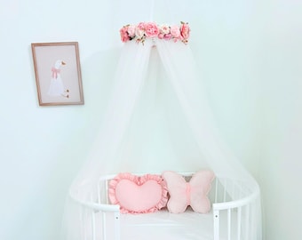 Bed Canopy with Handmade Floral Wreath, White Princess Baby Crib Canopy, Nursery Decor, Baby Shower Gift