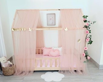 Blush Pink Bed Canopy – Personalized Montessori House Bed Curtains, Kids Room Décor