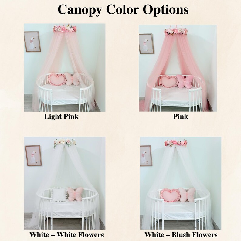 Puede incluir: Cuatro cunas con opciones de color de dosel bajo el t&iacute;tulo Canopy Color Options. Las cunas cuentan con cortinas de tela transparente rematadas con detalles florales y cojines en forma de coraz&oacute;n o mariposa. Las etiquetas incluyen Light Pink, Pink, White &ndash; White Flowers y White &ndash; Blush Flowers.