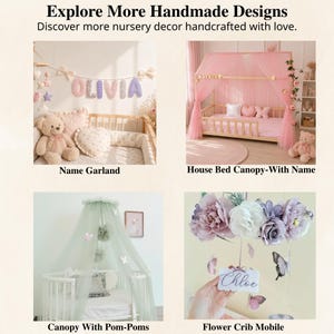 Puede incluir: Un collage de decoraci&oacute;n infantil que incluye una guirnalda de letras de peluche, una cama casita de madera con dosel de tul rosa, un dosel de tul verde salvia con pompones y un m&oacute;vil de cuna floral con una etiqueta que dice Chloe.