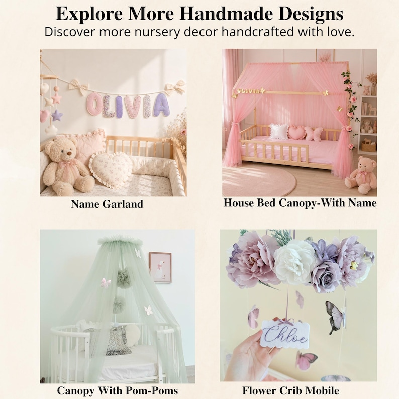 Puede incluir: Un collage de decoraci&oacute;n infantil que incluye una guirnalda de letras de peluche, una cama casita de madera con dosel de tul rosa, un dosel de tul verde salvia con pompones y un m&oacute;vil de cuna floral con una etiqueta que dice Chloe.