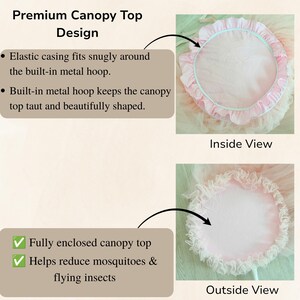 Puede incluir: Una parte superior de dosel rosa con dise&ntilde;o circular, aro de metal integrado y borde el&aacute;stico. El texto dice: Premium Canopy Top Design, Elastic casing fits snugly around the built-in metal hoop, Built-in metal hoop keeps the canopy top taut and beautifully shaped, Fully enclosed canopy top, Helps reduce mosquitoes & flying insects.