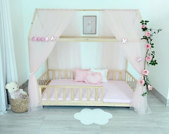 Baby Pink Tulle Bed Canopy – Custom House Bed Curtains, Montessori Nursery Decor
