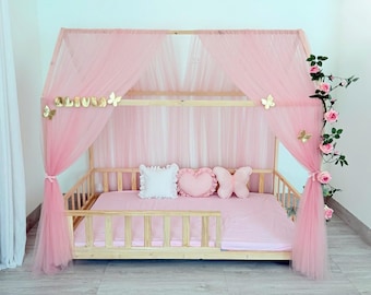 Pink Tulle Bed Canopy – Custom Montessori House Bed Curtains, Kids Room & Nursery Decor