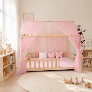 Pink Tulle House Bed Canopy, Kids Bed Curtains, Montessori Floor Bed Canopy, Nursery Canopy, Baby Girl Room Decor, Princess Bed