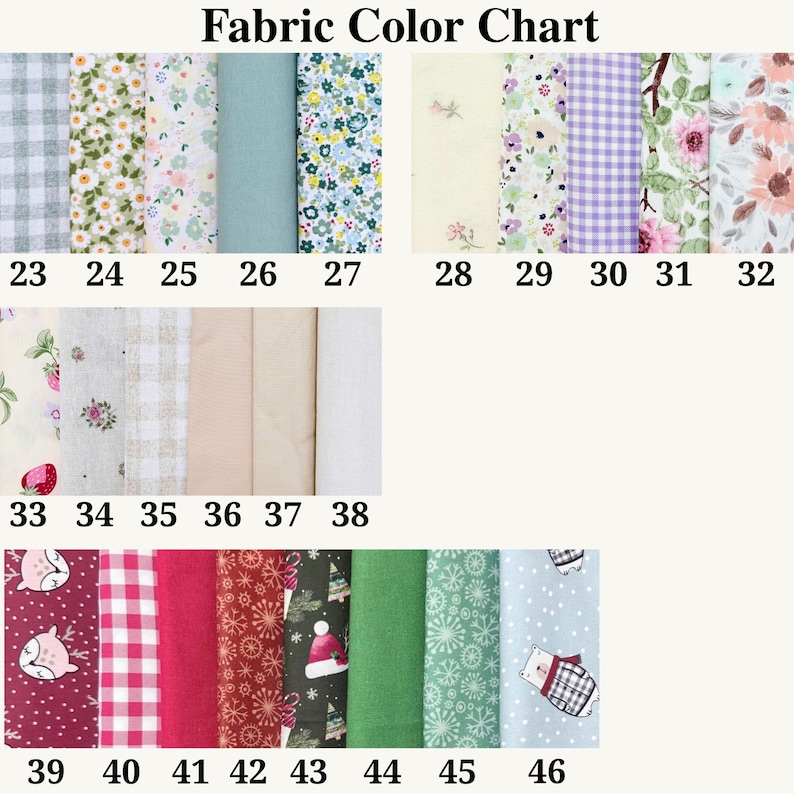 May include: A Fabric Color Chart displaying numbered fabric swatches from 23 to 46. The collection includes various patterns such as gingham, floral prints, solid colors, and seasonal motifs like snowflakes, bears, and Christmas hats.
