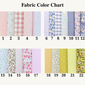 May include: A Fabric Color Chart displaying 22 numbered fabric swatches featuring various patterns including polka dots, gingham, stripes, and floral prints in shades of pink, blue, purple, yellow, and green, arranged in four rows.