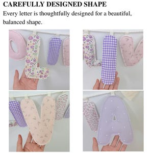 Personalized fabric name garland featuring carefully designed letters with a beautiful, balanced shape, handmade nursery decor.