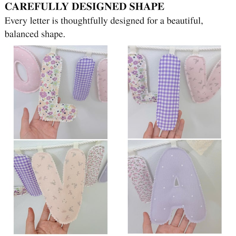 Personalized fabric name garland featuring carefully designed letters with a beautiful, balanced shape, handmade nursery decor.