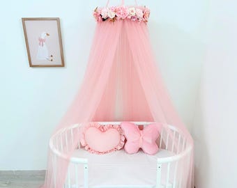 Pink Baby Crib Canopy with Flowers, Princess Bed Canopy, Vintage Baby Girl Room Decor, Baby Shower Gift