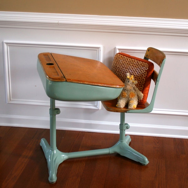 Home School is Cool. Vintage Turquoise Aqua Elementary School Storage Desk and Chair.