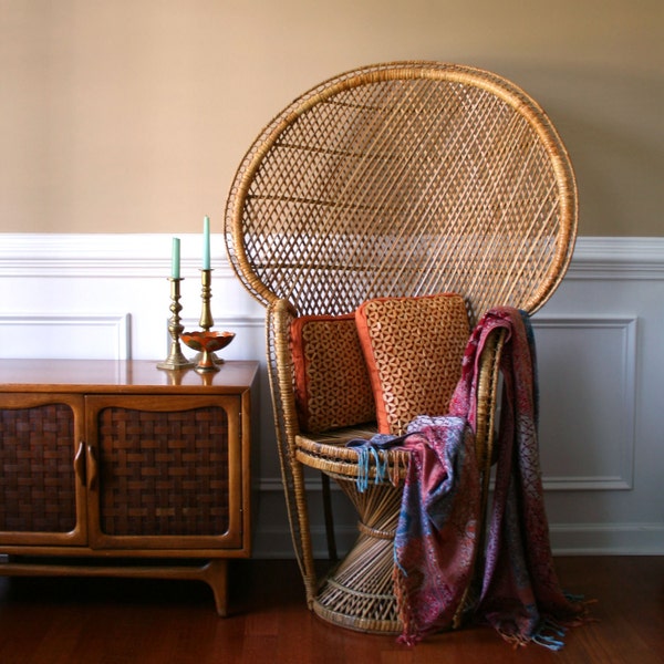 Chinoiserie Peacock Chair. High Fan Back Throne. Armchair. Rattan. Wicker. Eclectic. Mid Century. Fall. Alfresco Dining. Interior Design.