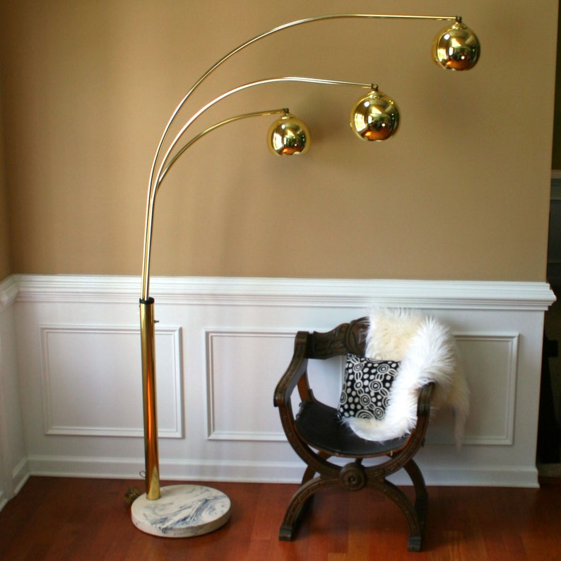 Vintage Brass Arc Floor Lamp Mid Century Orb Lamp Metallic Etsy