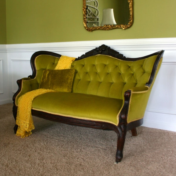 Antique Victorian Sofa. RESERVED for STACIE. Settee. Moss Avocado Green. Velvet. Winter. Chartreuse. Home Decor. Feminine. Retro.