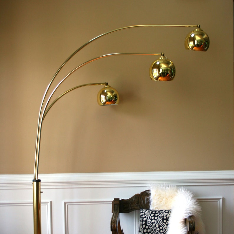 Vintage Brass Arc Floor Lamp Mid Century Orb Lamp Metallic Etsy