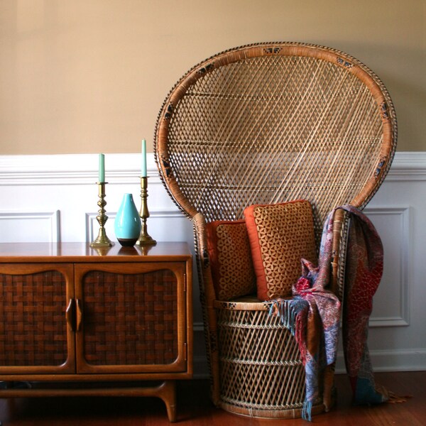 Chinoiserie Peacock Chair. Hollywood Regency High Fan Back. Home Decor. Rattan. Wicker. Tiki. Patio Chair. Garden Decor.