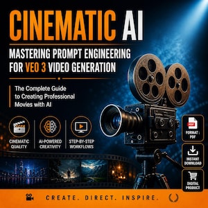 Puede incluir: Imagen promocional de "CINEMATIC AI", un producto digital. Presenta una c&aacute;mara de cine vintage, texto sobre ingenier&iacute;a de indicaciones para la generaci&oacute;n de video e iconos de calidad cinematogr&aacute;fica, creatividad impulsada por IA y flujos de trabajo paso a paso. Disponible en formato PDF.