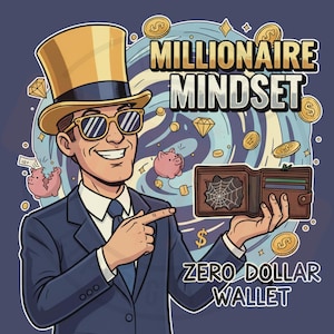 Peut inclure: Illustration d'un homme en costume et chapeau haut de forme, portant des lunettes de soleil, pointant vers un portefeuille vide. L'image comprend le texte "Millionaire Mindset" et "Zero Dollar Wallet", avec des pièces et des tirelires.