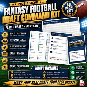 May include: A 2026 season fantasy football draft command kit featuring a digital download set with a 12-team draft board, 180 color-coded player labels, blank write-in labels, a quick-start guide, and a draft order tracker for 8.5 inch by 11 inch paper.