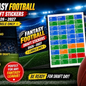 May include: A set of Fantasy Football draft stickers for the 2026-2027 season, featuring a grid of player names on blue, green, and orange labels. The design includes the text Fantasy Football Draft Stickers 2026-2027 Labels Only.