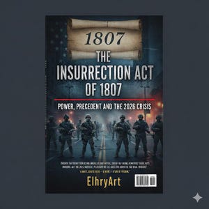 Może przedstawiać: Okładka książki zatytułowana "1807 The Insurrection Act of 1807" z podtytułem "Power, Precedent and the 2026 Crisis". Okładka przedstawia żołnierzy, zniszczoną amerykańską flagę i tekst. Nazwisko autora, ElhryArt, znajduje się na dole.