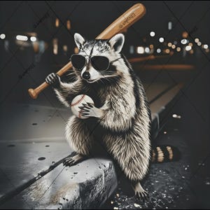 Può includere: Un procione con occhiali da sole, che tiene in mano una palla da baseball e una mazza da baseball di legno. Il procione è seduto su un cornicione di cemento con uno sfondo sfocato di luci della città. Il procione ha la pelliccia bianca e nera.