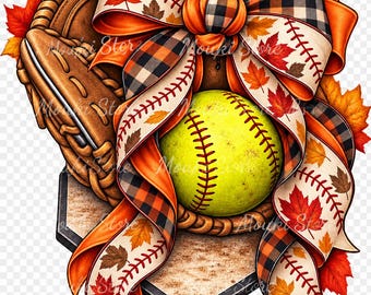 Puede incluir: Una pelota de sóftbol amarilla sobre un guante de béisbol de cuero marrón, decorada con una cinta con patrón de cuadros, costuras de béisbol y hojas de arce otoñales naranjas y marrones, sobre una base de home plate.