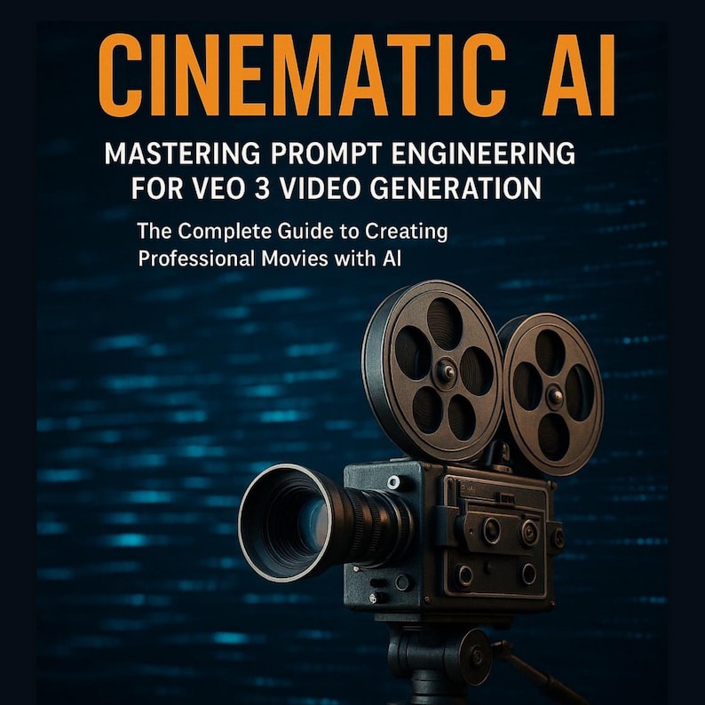 Puede incluir: Portada de libro con el t&iacute;tulo "CINEMATIC AI" en letras naranjas. Debajo, el texto dice "MASTERING PROMPT ENGINEERING FOR VEO 3 VIDEO GENERATION". Una c&aacute;mara de cine vintage est&aacute; en primer plano. El fondo es azul oscuro con un patr&oacute;n.