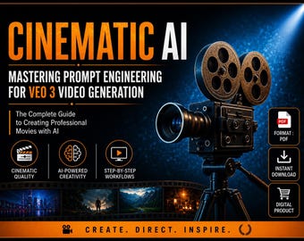 May include: A digital product cover with the title "CINEMATIC AI" in orange letters. The cover promotes mastering prompt engineering for VEO 3 video generation. An antique film camera is featured, along with icons for cinematic quality, AI-powered creativity, and step-by-step workflows.
