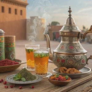 May include: A traditional Moroccan tea set with a decorative silver teapot, two glasses of tea with mint, and various snacks. The set is arranged on a wooden table, with a blurred background of a building.