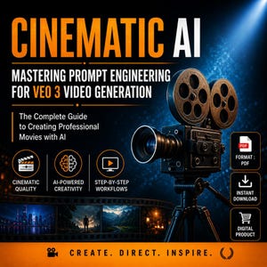 以下が含まれることがあります： デジタル製品「CINEMATIC AI」のプロモーション画像。ヴィンテージの映画カメラと、ビデオ生成のためのプロンプトエンジニアリングに関するテキストが特徴です。アイコンは、映画のような品質、AIを活用した創造性、ステップバイステップのワークフローを表しています。PDF形式と即時ダウンロードオプションが含まれています。