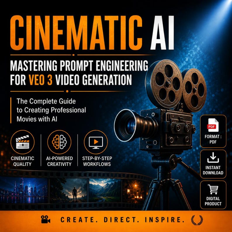Puede incluir: Imagen promocional para un producto digital llamado "CINEMATIC AI". Presenta una c&aacute;mara de cine vintage y texto sobre ingenier&iacute;a de indicaciones para la generaci&oacute;n de v&iacute;deo. Los iconos representan calidad cinematogr&aacute;fica, creatividad impulsada por IA y flujos de trabajo paso a paso. Incluye formato PDF y opciones de descarga instant&aacute;nea.