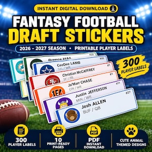 Puede incluir: Un conjunto de 300 pegatinas imprimibles para el draft de fútbol fantástico de la temporada 2026-2027. Las etiquetas rectangulares blancas muestran logotipos de equipos, nombres de jugadores, posiciones y abreviaturas. Incluye 10 páginas PDF listas para imprimir con diseños de animales.