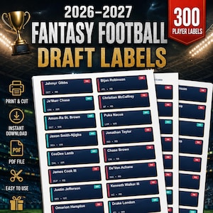 May include: A set of 2026-2027 fantasy football draft labels featuring 300 player names on dark blue rectangular stickers with team and position abbreviations. The text includes 2026-2027 FANTASY FOOTBALL DRAFT LABELS and 300 PLAYER LABELS.