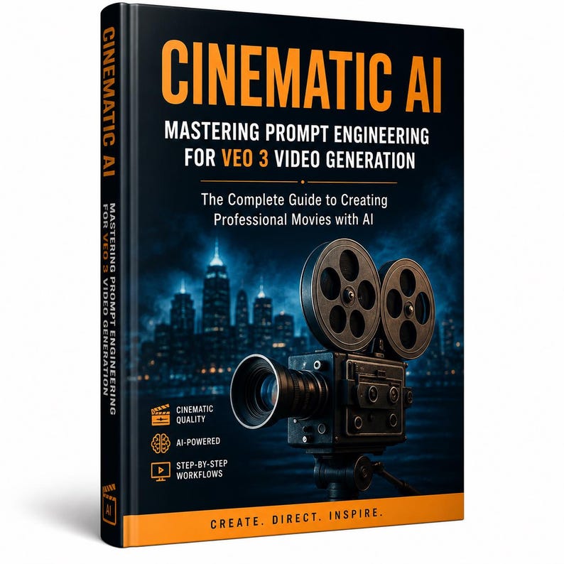 Cinematic AI ebook cover with vintage film camera and bold orange title, guide to AI video creation using prompt engineering