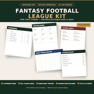 May include: A fantasy football league kit featuring printable pages including a standings board, roster board, player labels for the 2026 season, a draft order tracker, and a scoring rules sheet with text detailing various game statistics and points.