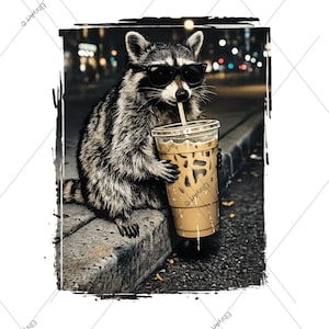 Funny Raccoon drinking Iced Coffee  t-shirt PNG, Meme Shirt Design (Digital Download)