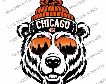May include: A graphic illustration of a bear wearing an orange knit beanie with a pom-pom and the text CHICAGO. The bear wears aviator sunglasses reflecting a city skyline silhouette. The design features black and white fur details and orange accents.