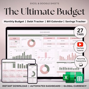 Excel Budget Planner: Monthly & Yearly Spreadsheet (Digital Download)