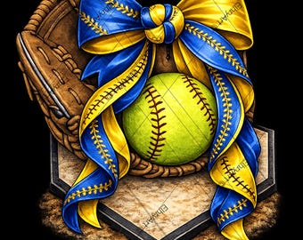 Aquarelle, noeud de softball PNG, clipart maman sport or bleu (téléchargement numérique)