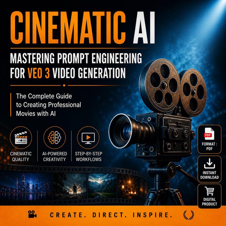 Puede incluir: Imagen promocional de "CINEMATIC AI", un producto digital. Presenta una c&aacute;mara de cine vintage, texto sobre ingenier&iacute;a de indicaciones para la generaci&oacute;n de video e iconos de calidad cinematogr&aacute;fica, creatividad impulsada por IA y flujos de trabajo paso a paso. Disponible en formato PDF.